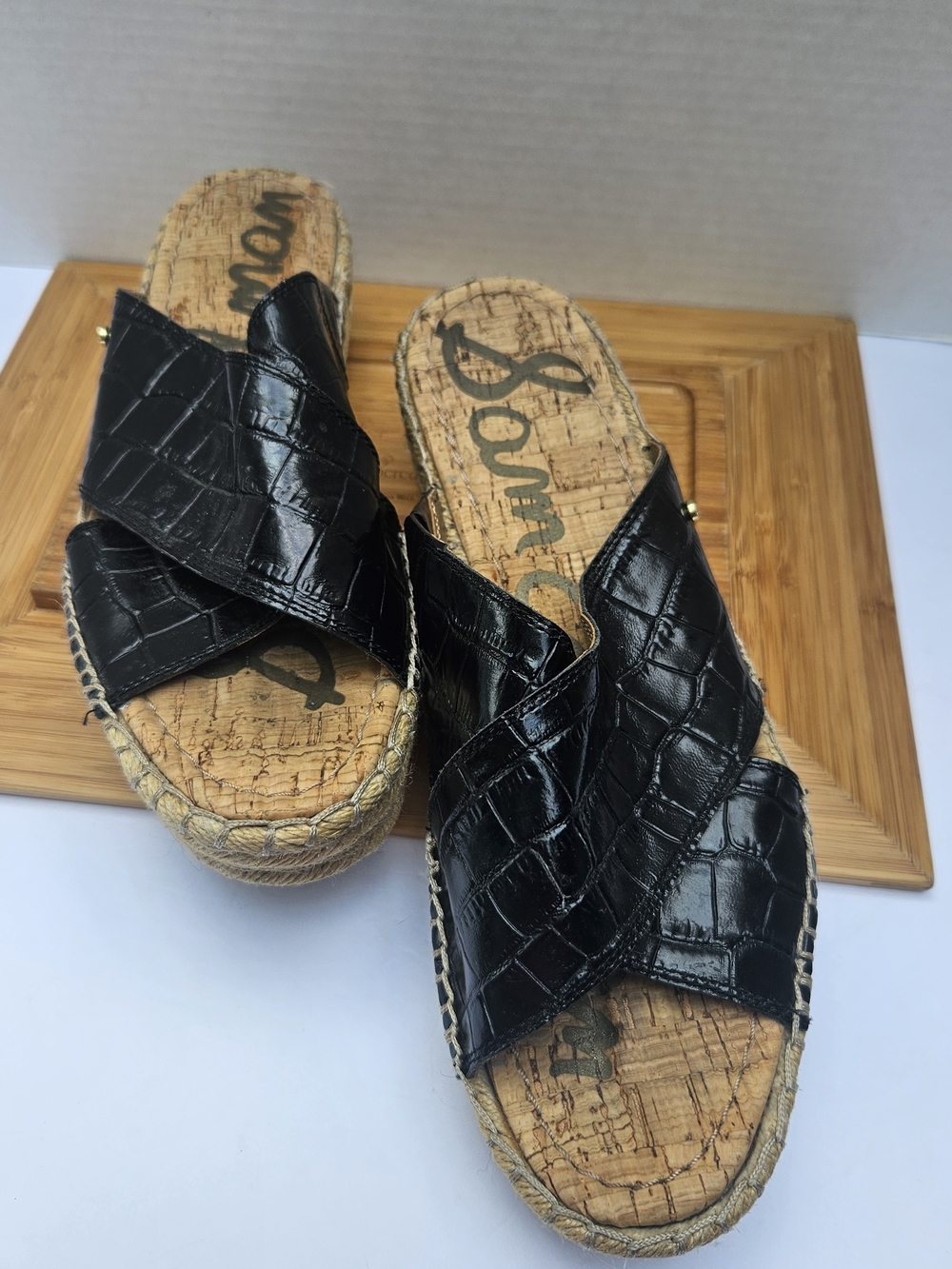 Sam Edelman Natty Black Croc Leather Espadrille Platform Slides Boho Sandals